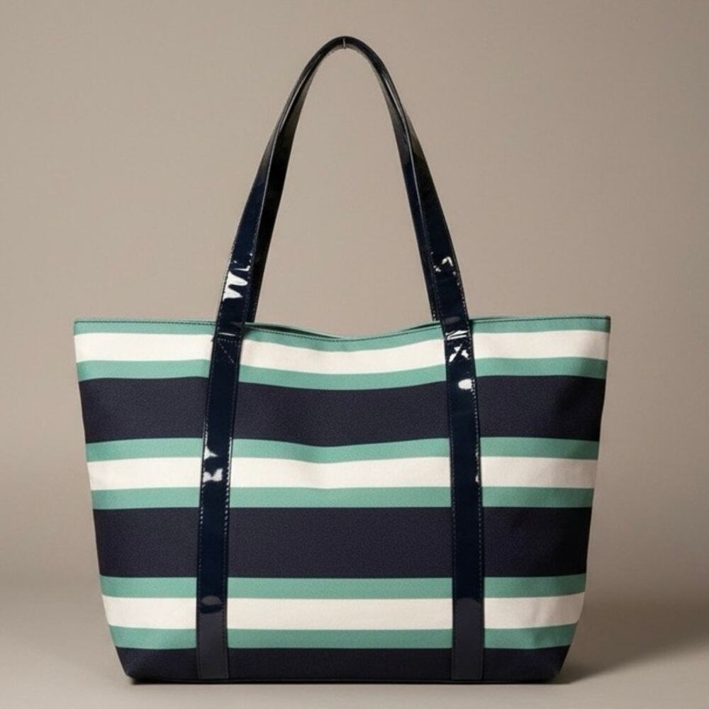 Estee Lauder Preppy Navy & Teal Stripped Faux Patent Leather Strap Tote